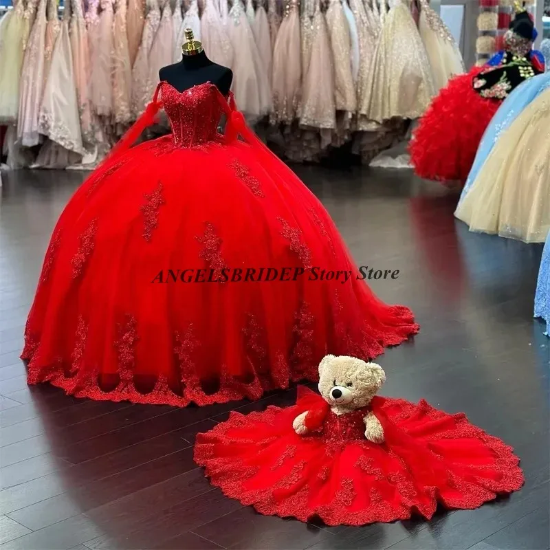 ANGELSBRIDEP красное милое платье Quinceanera с накидкой бальное кружевной аппликацией 16