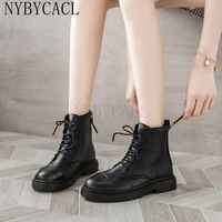 black boots womens cow leather shoes platform chunky boots lace up ankle boots winter autumn zip shoes brand 2022 new