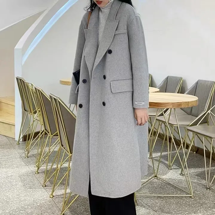 New double-sided wool coat women double-breasted long loose coat casaco cinza feminino casacos de inverno feminino