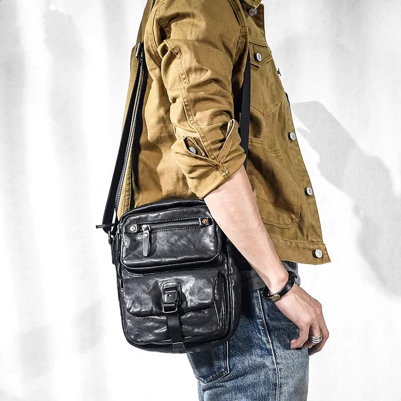 Luxury first layer cowhide men's small multi-pocket shoulder bag outdoor weekend daily genuine leather teens phone crossbody bag