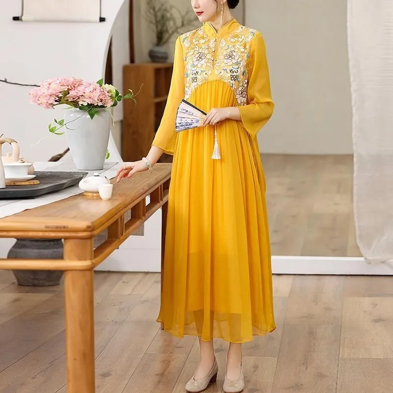 

Chinese Style Vintage Hanfu Long Qipao Tang Suit Improved Cheongsam Dress For Women Young Spring Fashion Elegant Party Dresses