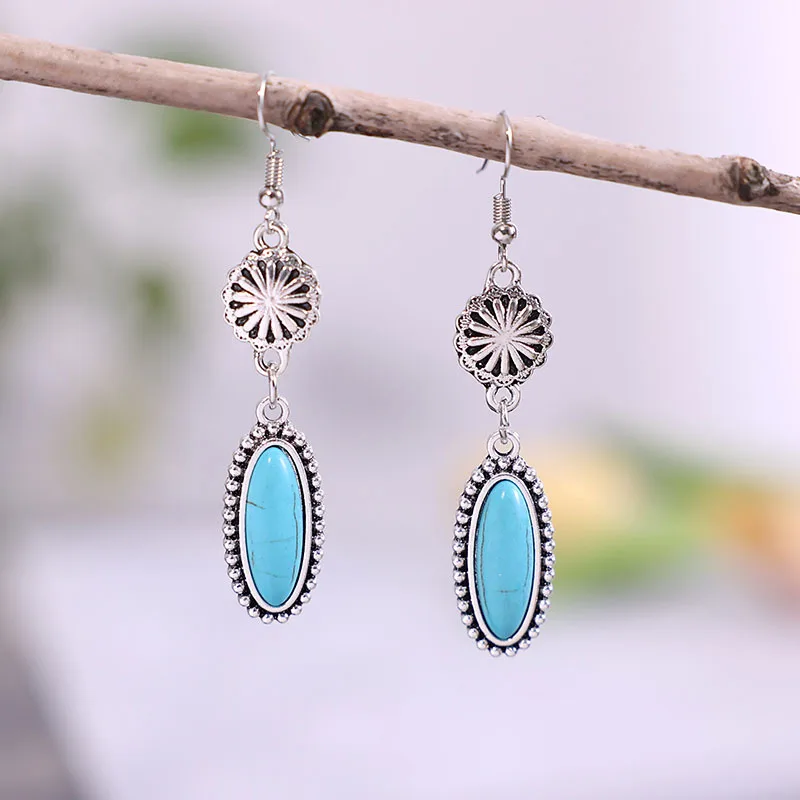 

Vintage Women Geometry Oval Inlaid with Blue Stones Earrings Ethnic Flower Dangle for Women Gift