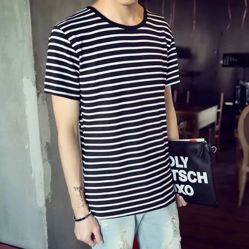 

A2364 Brand New Men's Short-sleeved T-shirts For Male T-shirt Version Striped Round-collar Men T shirts Man