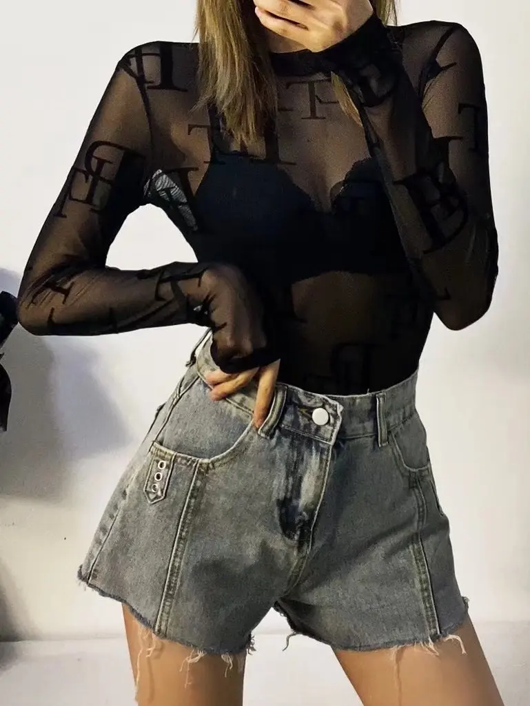 

2023 New Women Geometric Knitted jumpsuit Spring Summer Elegant Stretchable Slim Sexy Mesh flocked letter knit jumpsuit