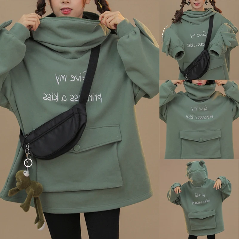 

Женский свитер средней длины, зеленый плюшевый пуловер с креативной строчкой и трехмерным милым дизайном в виде лягушки, куртка с карманами