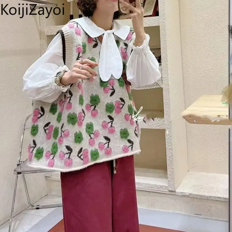 

Koijizayoi Chic Korean Fashion Vest Women Sleeveless Sweater Camis Knitted Flower Loose Tanks Casual Outwear Sweaer Vest 2022