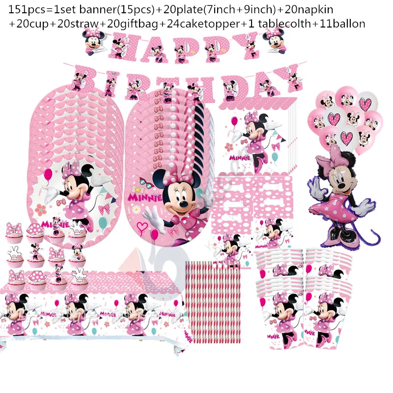 Minnie Mouse Theme Girl Birthday Party Tableware Set Paper Cup Plate Tablecloth Napkin Birthday Decoration Party Supplies Kid