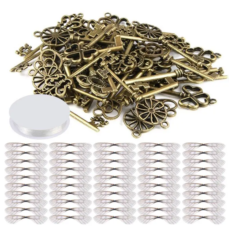 

50 Pieces Flying Keys Charms Vintage Skeleton Keys Pendants With 50 Pairs Dragonfly Wings And Elastic Cord Hanging Charms With
