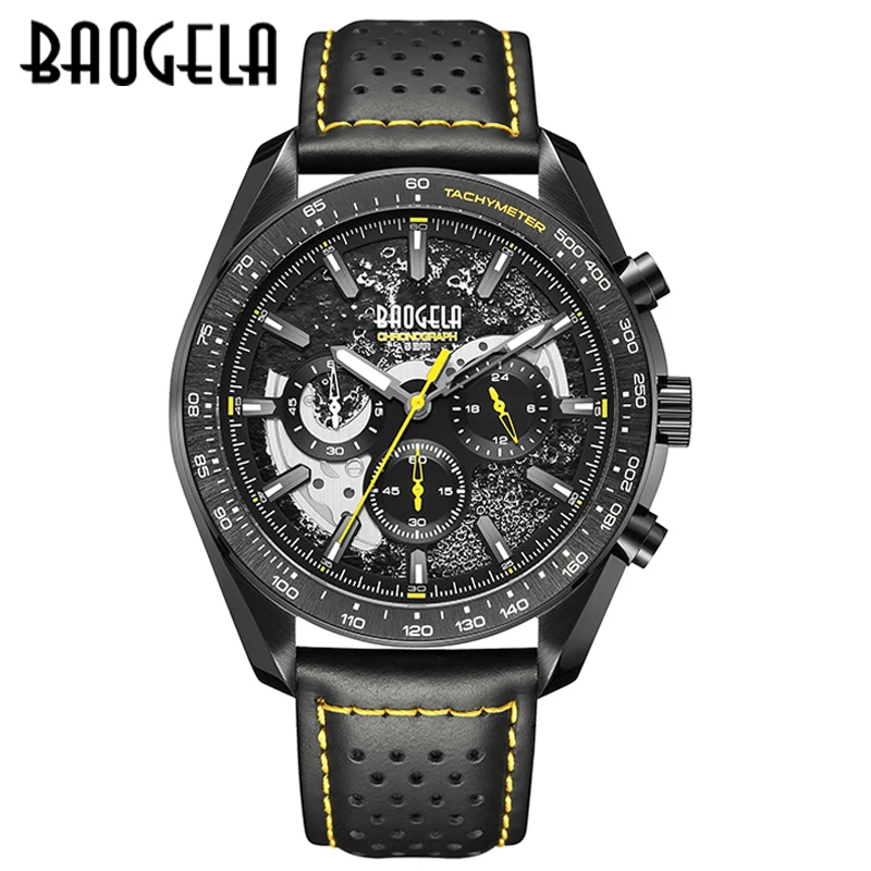 BAOGELA Men Sport Quartz Male Chronograph Calendar Japan Movement 50M waterproof Top Brand Luxury Clock Genuine Leather Watch