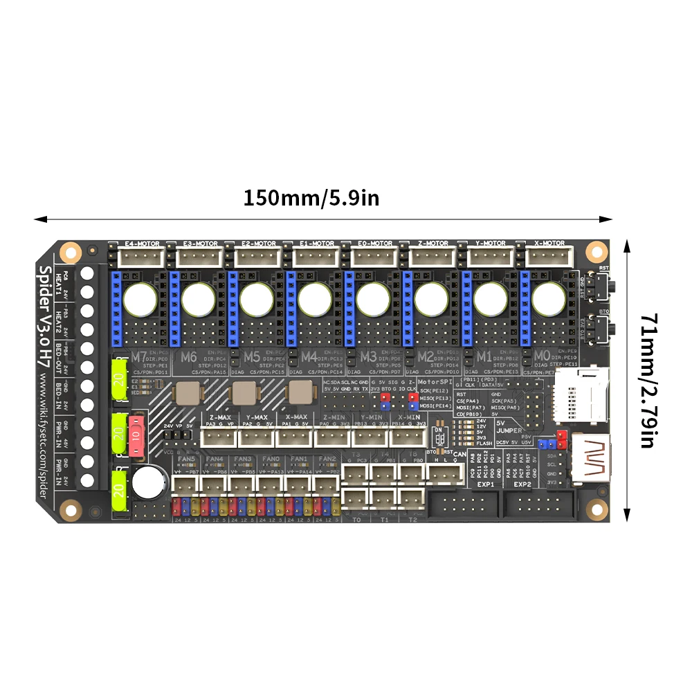 Фото FYSETC Spider V3.0 H7 32-битная материнская плата привода 24 В/48 В дополнительная плата питания 8-осевая TMC5160T TMC2209 Высокоскоростная для Voron №3