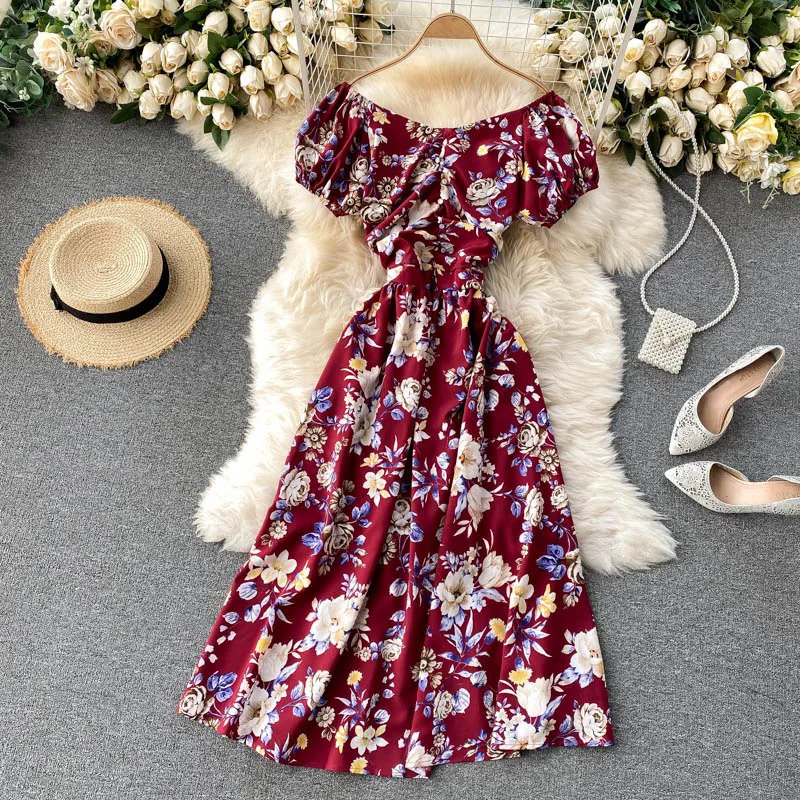 

Off Shoulder Print Dress French Puff Sleeve Slash Neck Lace Up A-line Dress Summer Elegant Holiday Dress 2022