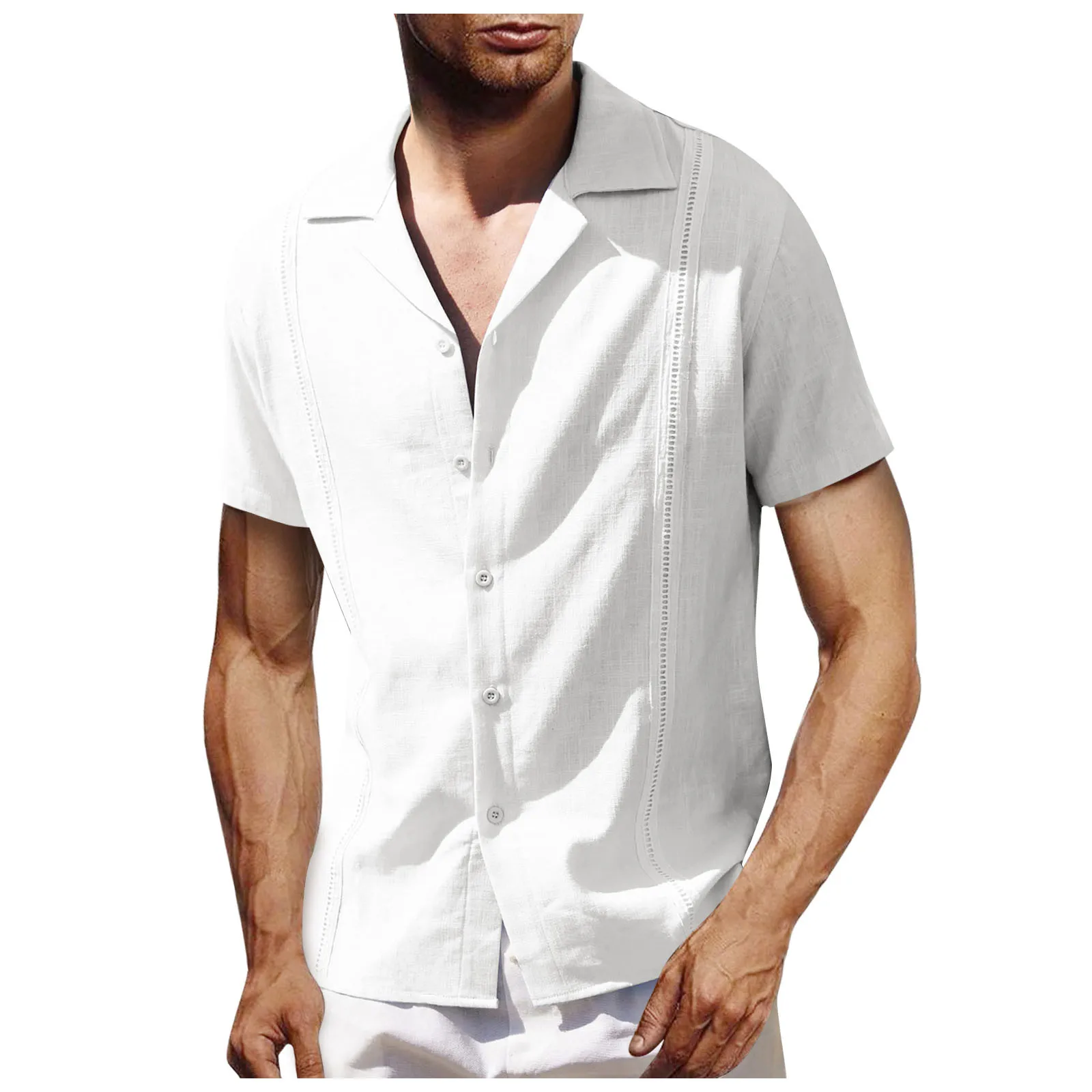 

Рубашка мужская с отложным воротником, хлопок и лен, Повседневная белая пляжная блузка с короткими рукавами, винтажный кардиган, однотонная...