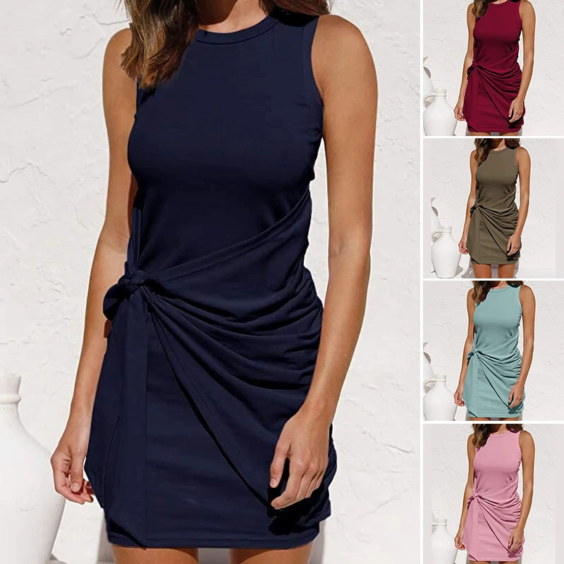 

Женское Повседневное платье макси, однотонное платье без рукавов, подчеркивающее грудь, с узлом, жилет, женское Повседневное платье макси, л...