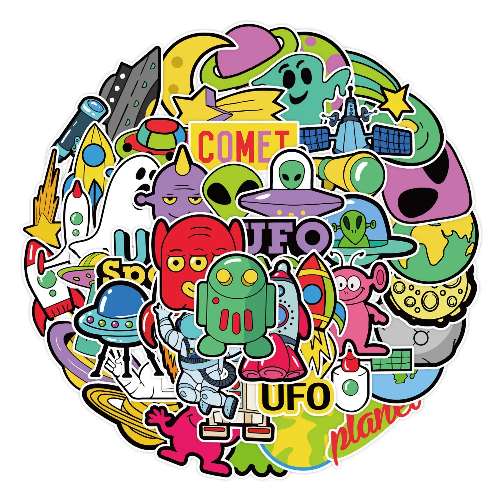 

10/50PCS Outer Space Stickers Toys for Children Alien UFO Astronaut Rocket Ship Planet Sticker to Laptop Scrapbooking Skateboard