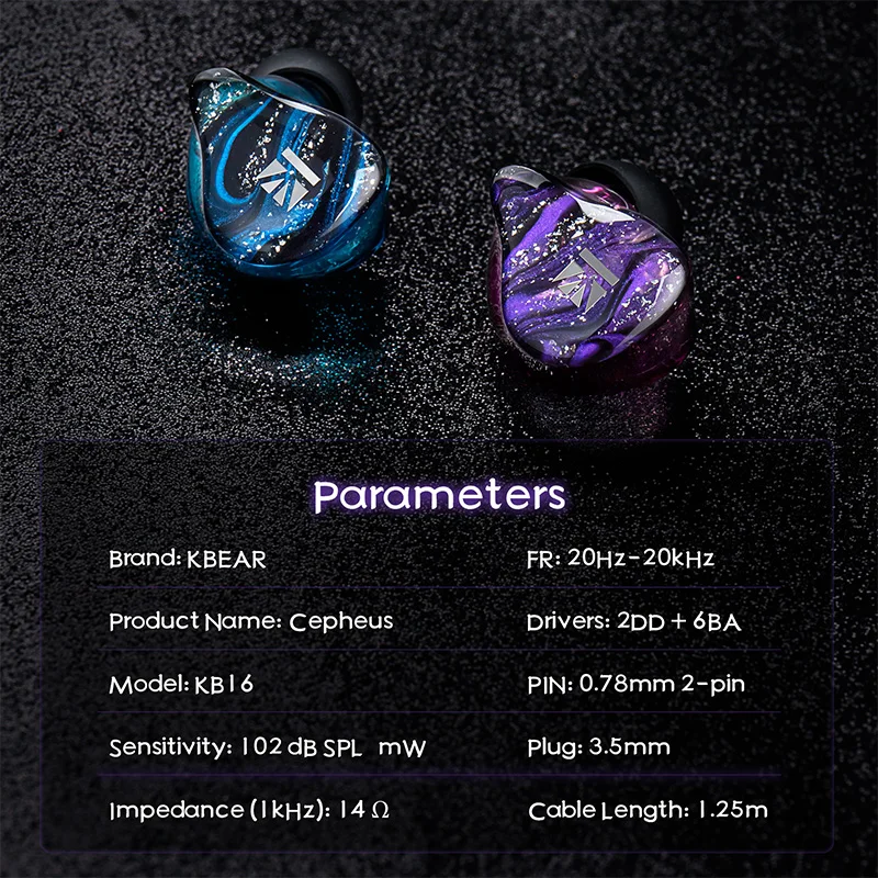 KBEAR Cepheus KB16 Гибридные внутриканальные наушники (IEM) с 2DD+6BA драйверами, 10мм+6мм коаксиальные динамические и 6BA гибридные драйверы, HiFi мониторы для ушей, 0.78мм 2-контактный разъем, корпус из полимерной смолы (art.: 3920db787e10b) - 3920db787e10b