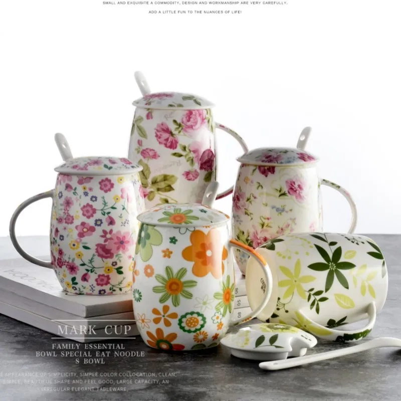 450ML, floral rose blossom painting, bone china minion mug, ceramic thermal mugs, vente tasse, with spoon & lip