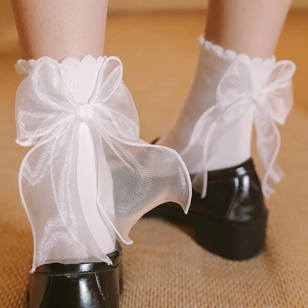 

Cute Lovely Pure Color Girls Soft Ruffles Lolita Socks Bow Socks Cotton Hosiery Lace