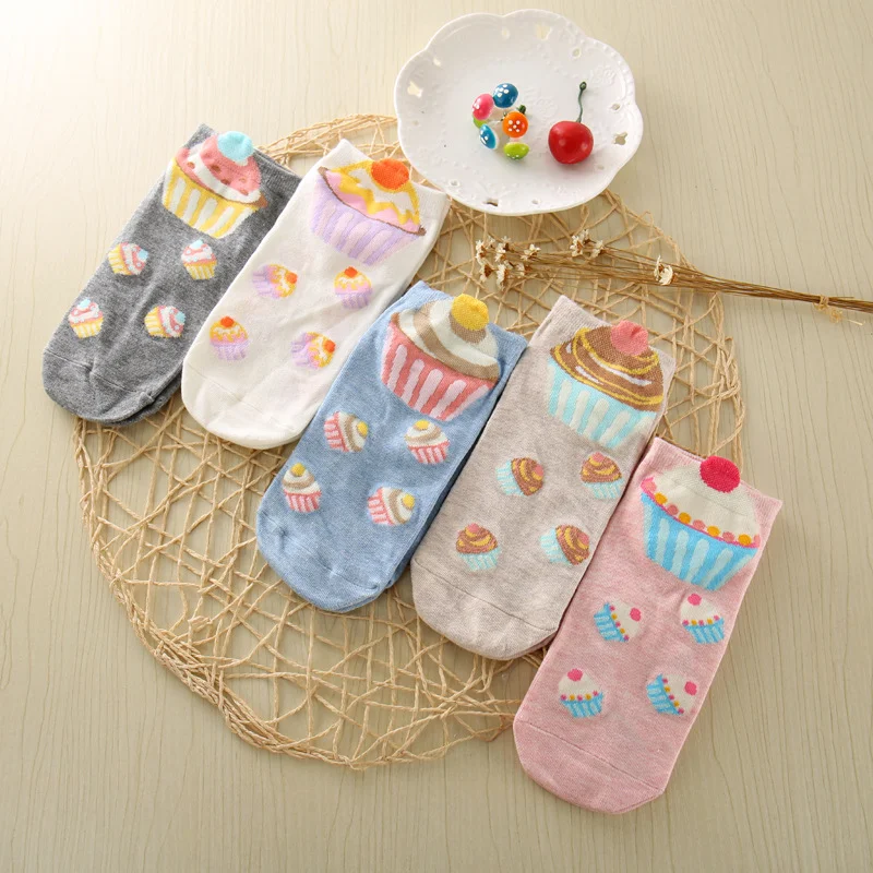 

5 Pairs/lot Women Cotton Socks Set Cute Cake Socks Kawaii Spring Winter Short Socks Casual For Gril Korean Style Size 34-40