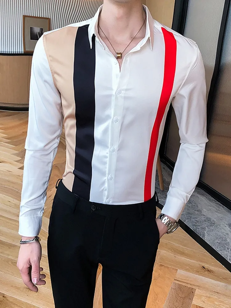 

Men's Spring and Autumn New Stitching Striped Slim Nightclub Party Long-sleeved Shirt Lapel Single-breasted Shirt Men