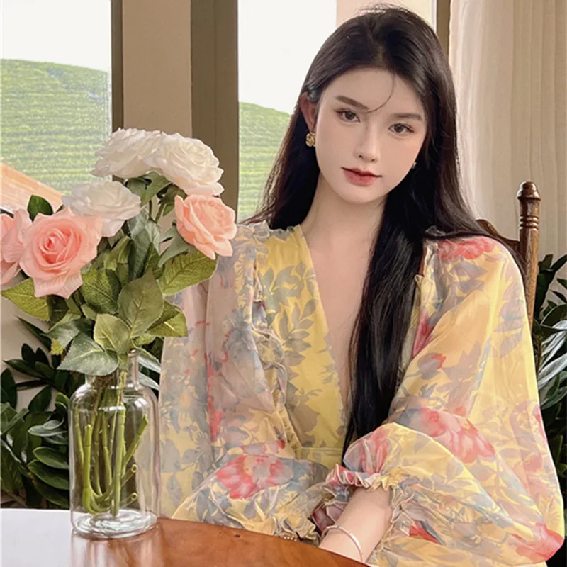 

Женское пляжное платье с цветочным принтом, элегантное платье с V-образным вырезом и оборками на талии, лето 2023