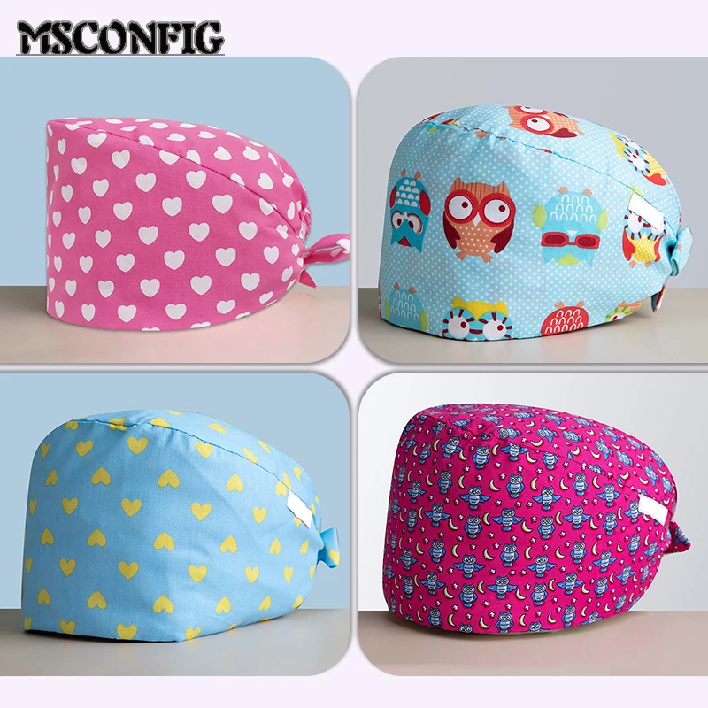 

Модная хлопковая Милая шапка с мультяшным принтом для медсестры Регулируемая шапка для салона красоты, лаборатории кормления, зоомагазина