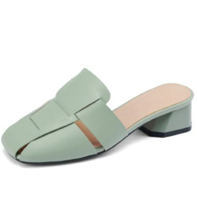 

Dilalula Casual Mules Women Sandals Square Toe Low Heels Slippers Spring Summer Fashion Hollow Genuine Leather Shoes Woman 2022