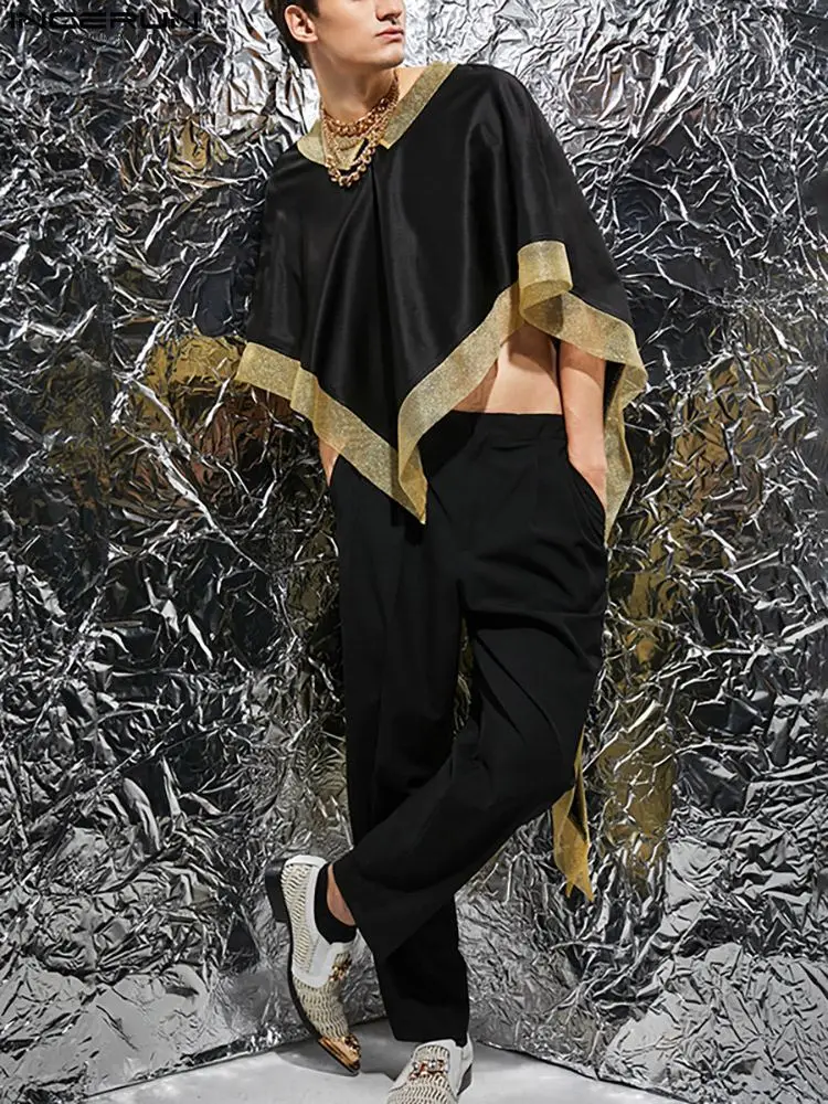 

Футболка INCERUN Мужская Асимметричная с V-образным вырезом, свободная уличная одежда в стиле пэчворк, модная накидка, Повседневная футболка, ...