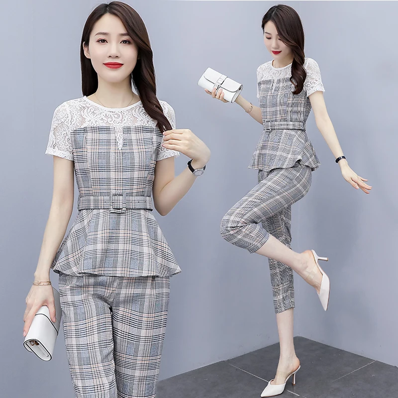 

2022 Summer New Fashion Temperament Korean Lace Stitching Plaid Cropped Set Women 2 Pieces Short Sleeve