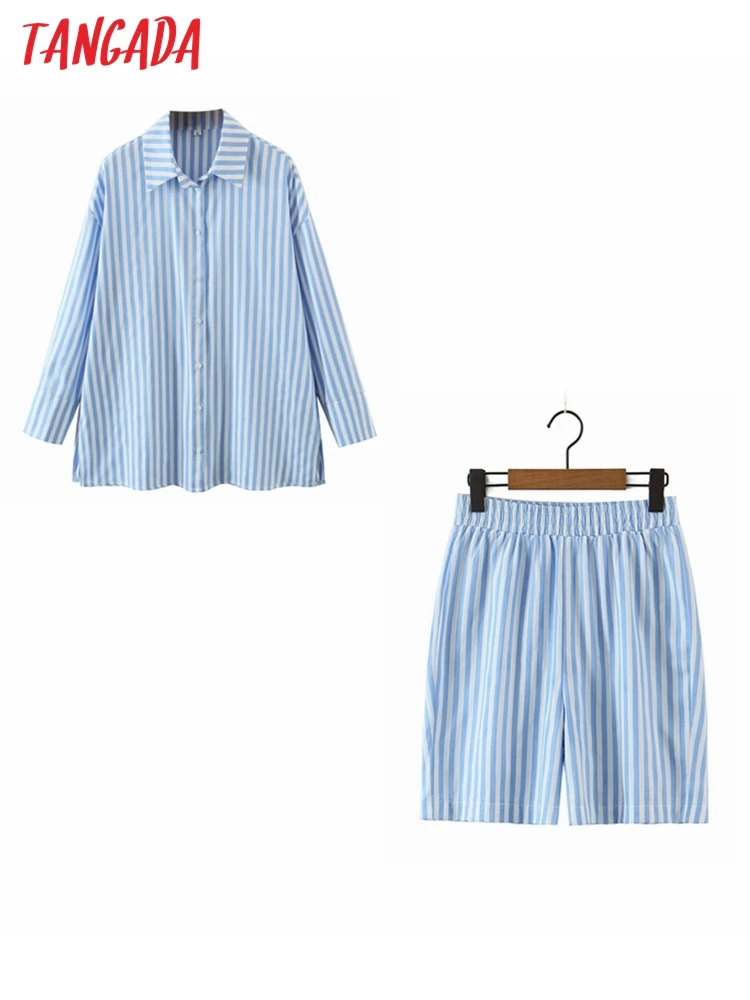 

Tangada chic blue striped print suit women shorts set 2022 fashion new suit 2 piece set sweet top and shorts SL21
