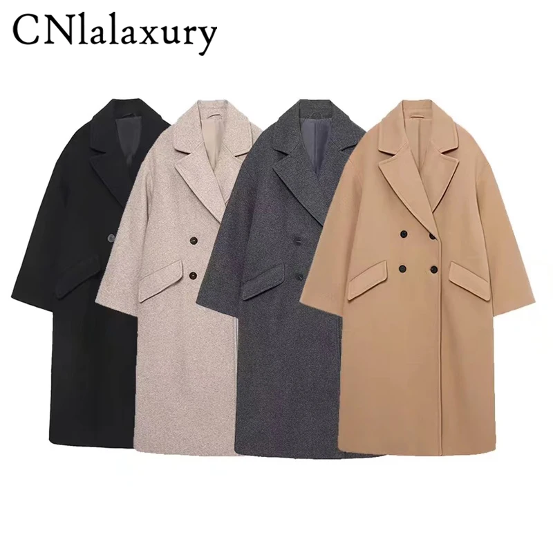 

Осенне-зимнее женское серое двубортное твидовое пальто CNlalaxury, повседневные однотонные пальто средней длины с длинным рукавом и карманами, ...