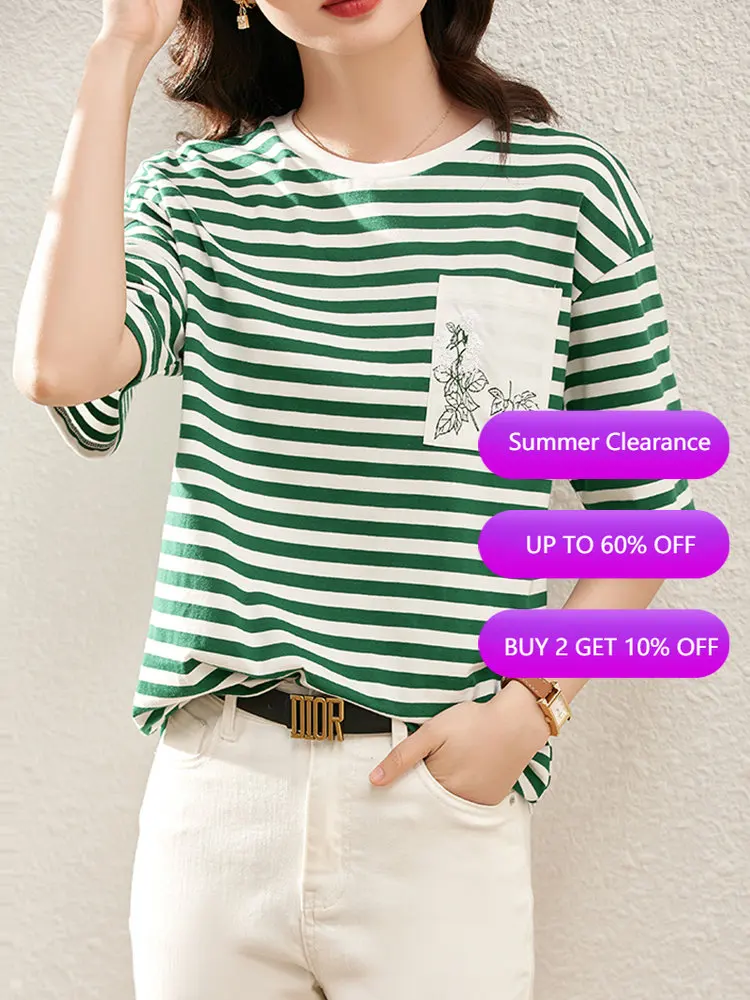 

Футболка женская в полоску с коротким рукавом и круглым вырезом