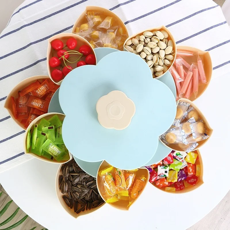 

Candy Box 2022 New Creative Mobile Phone Rack Rotating Petal Shaped Candy Box Big Family Party Double-layer Fruit Plate Nut Box