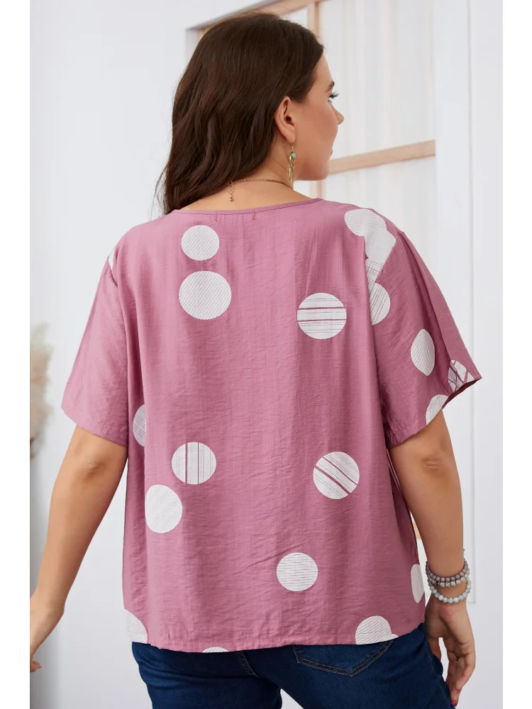 Oversized women's round neck loose polka dot short sleeved T-shirt plus size women clothing  plus size feminino