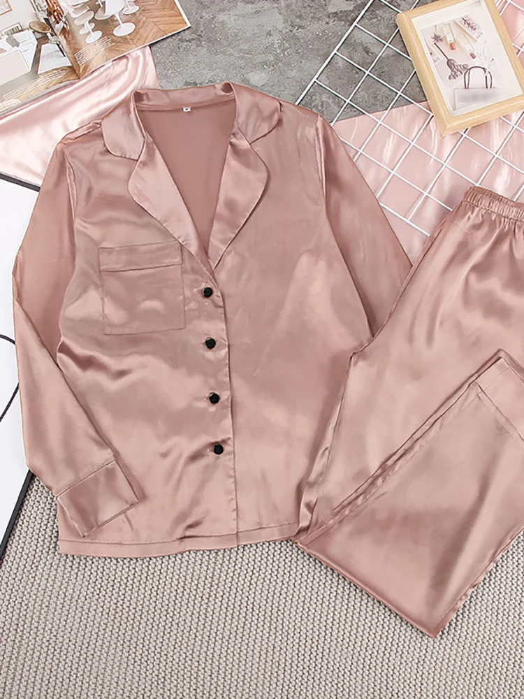 Restve Autumn Women Pajamas Turndown Collar Pocket Long Sleeve Casual Pants 2 Piece Set Sleepwear Female Home Suit Sets 2022