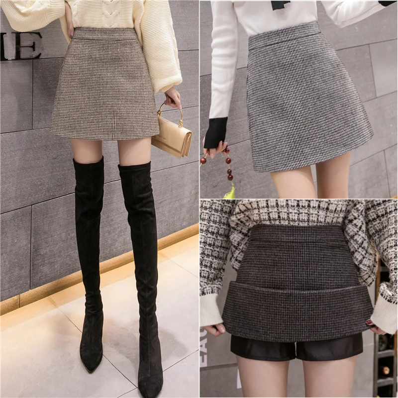 

New Fashion Plaid A-Line Mini Skirt Women Autumn Winter High Waist Woolen Skirt Female Casual All-match Basic Short Skirt