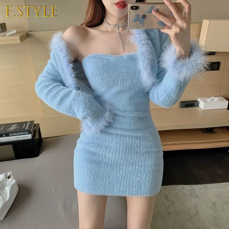 F GIRLS Fashion Temperament V Neck Mohair Blue Cardigan Coat Top Sexy Slim Bodycon Strapless Dress Mini Autumn Sweater t