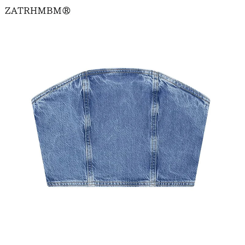 

ZATRHMBM женские летние новые модные укороченные джинсовые майки 2023 винтажные без бретелек на молнии шикарный женский топ