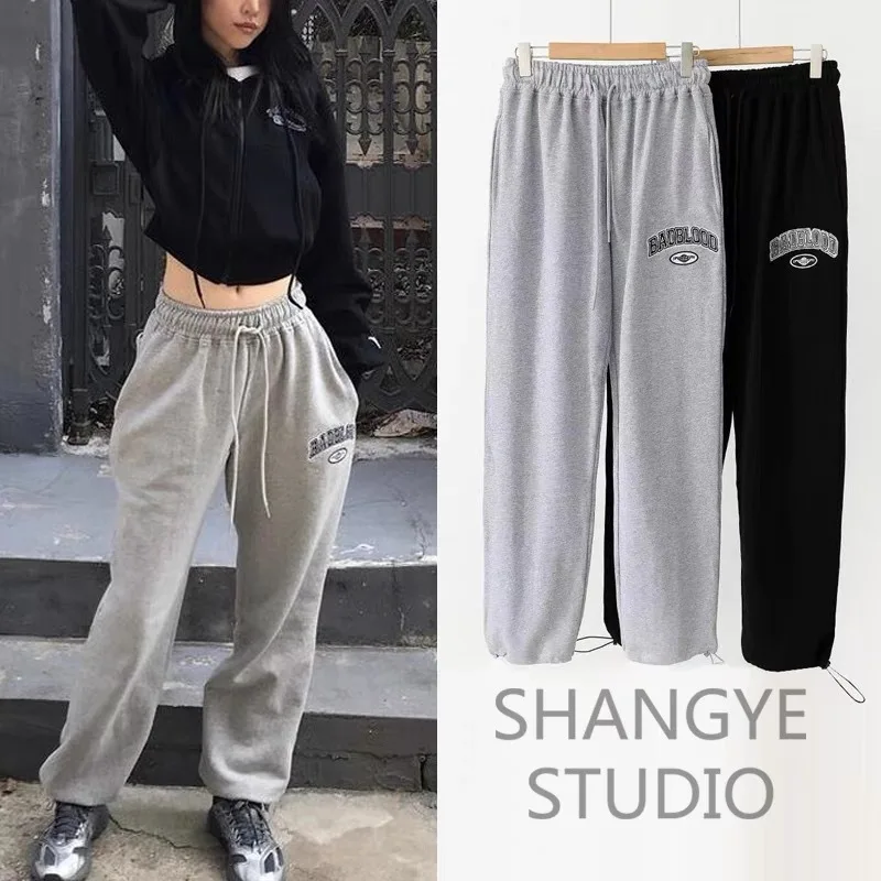 

2023 Korea BADBLOOD Loose High Waist Slim Wei Pants Women's Elastic Waist Casual Strap Straight Leg Sports Pants Harajuku Pants