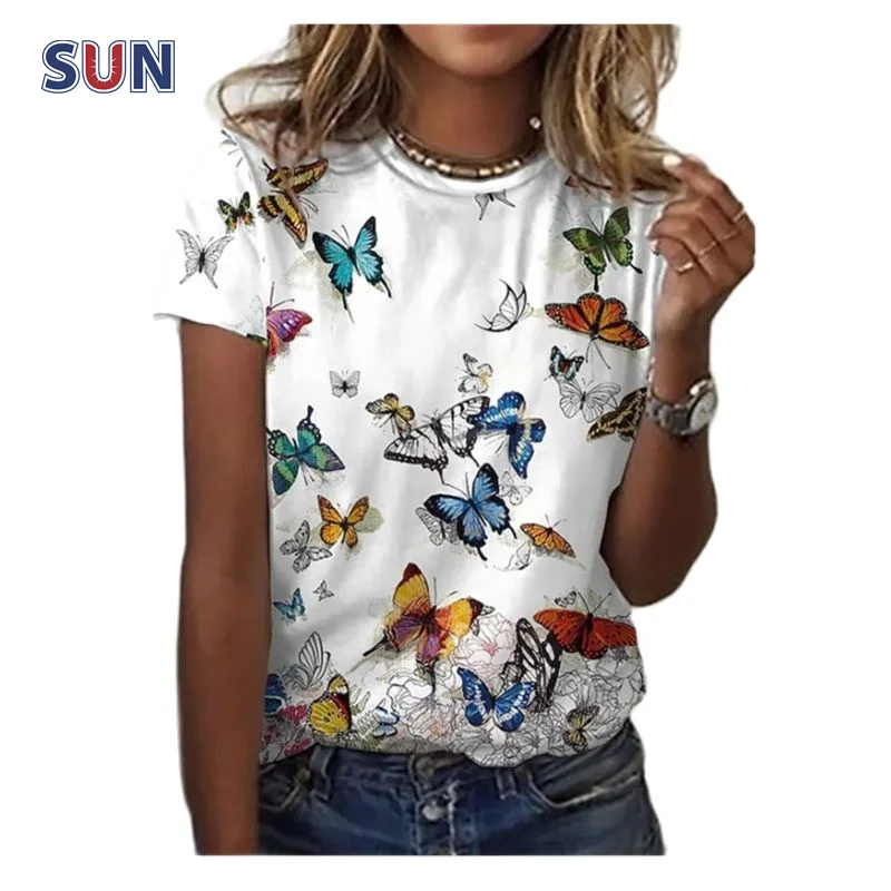 

Women's Summer Plus Size Butterfly Theme Printed Short Sleeve T Shirt Top Casual Round Neck Street Ladies Fashion Shirt TeeS-5XL