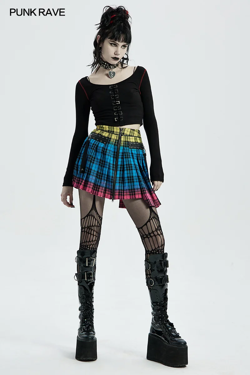 

Nails Decoration PUNK RAVE Sexy Mini Half Skirts Little Ghost Head Women's Punk Color Plaid Playful Cute Pleated Skirt Daily