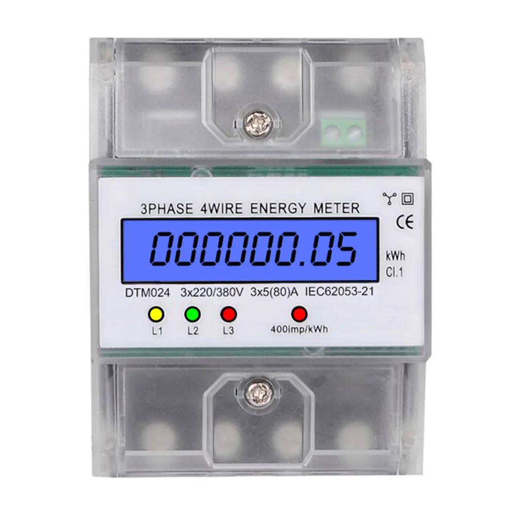 3 Phase DIN Rail Energy Meter 220/380V 5-80A Energy Consumption 400imp/kWh 50/60Hz Digital Electric Power Meter with backlight