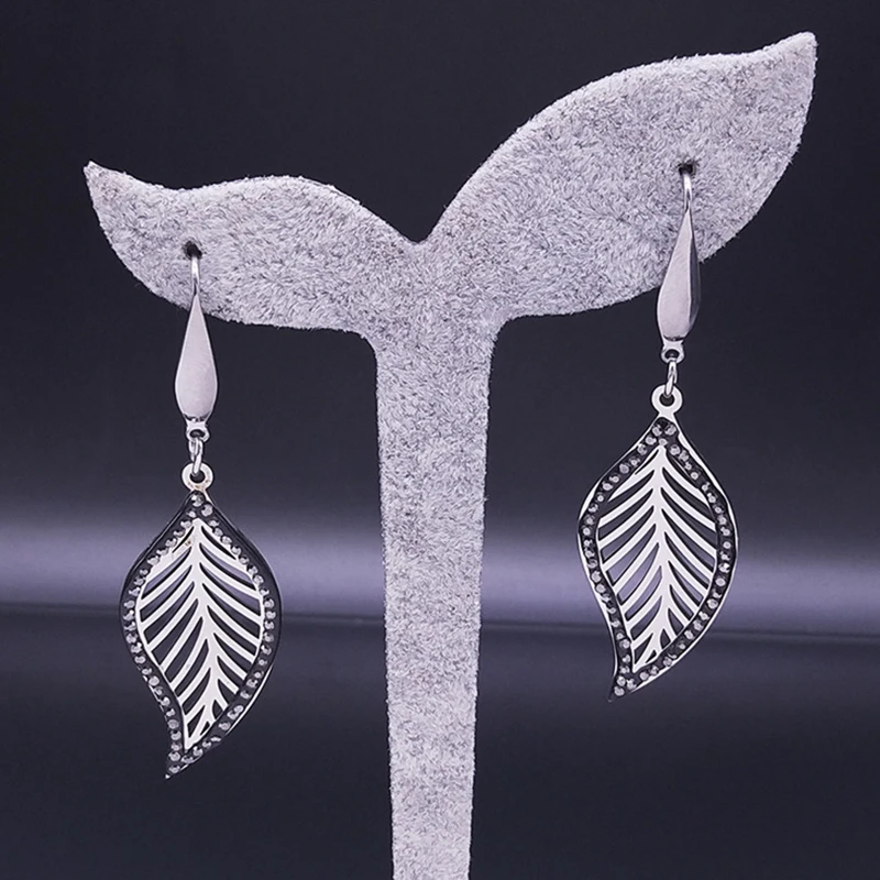 

Leaves Crystal Drop Earing for Women Stainless Steel Silver Color Hoop Earrings Jewelry boucle doreille femme E4823S01