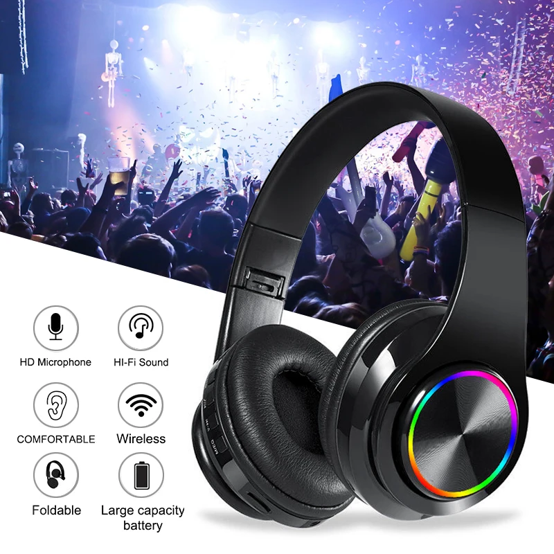 

Wireless Headphones Bluetooth HIFI Stereo Earphones Colorful LED Lights Gaming Headset MP3 Plays with Microphone Support SD Card