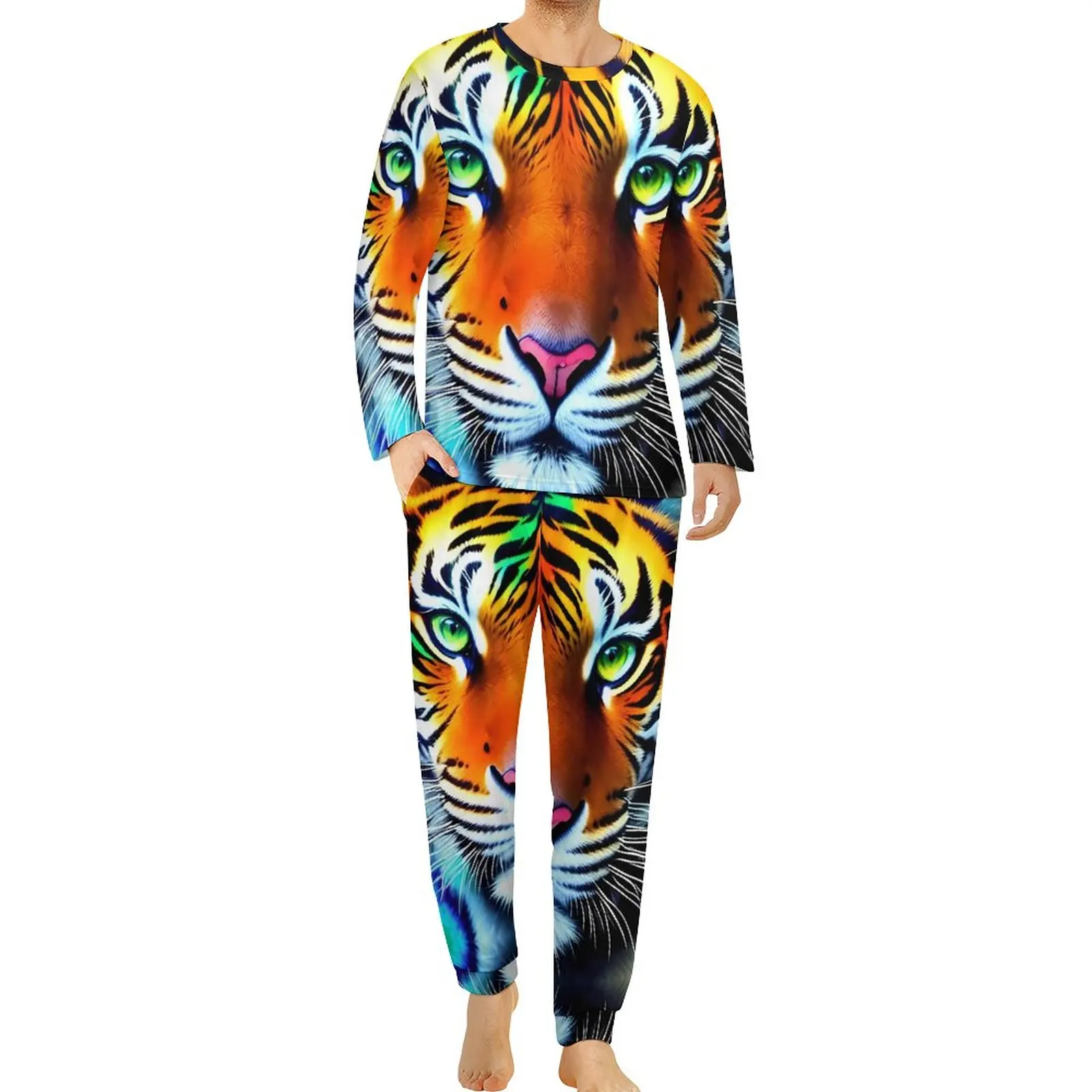 

Caspian Tiger Pajamas Colorful Rainbow Mens Long-Sleeve Pajama Sets Two Piece Home Spring Graphic Nightwear Birthday Present