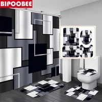 Black Shower Curtain Sets Grey and White Abstract Geometric Bath Curtains Bathroom Decor Toilet Lid Cover Non-Slip Rugs Mats