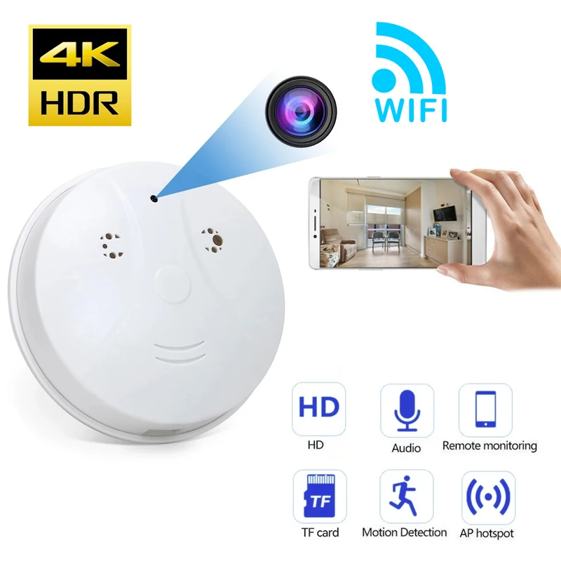 

HD 4K Wi-Fi камера для домашней безопасности, детектор дыма, видеокамера, Ip-камера с ночным видением, дистанционное управление, микро камера, поддержка Tf карты