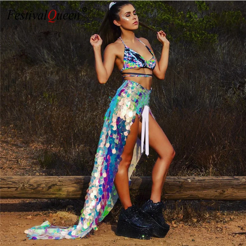 

2022 Handmade Shiny Scales Sequin Skirt Summer Festival Dancer High Split Adjustable Waist Long Scarf Party Skirts For Women