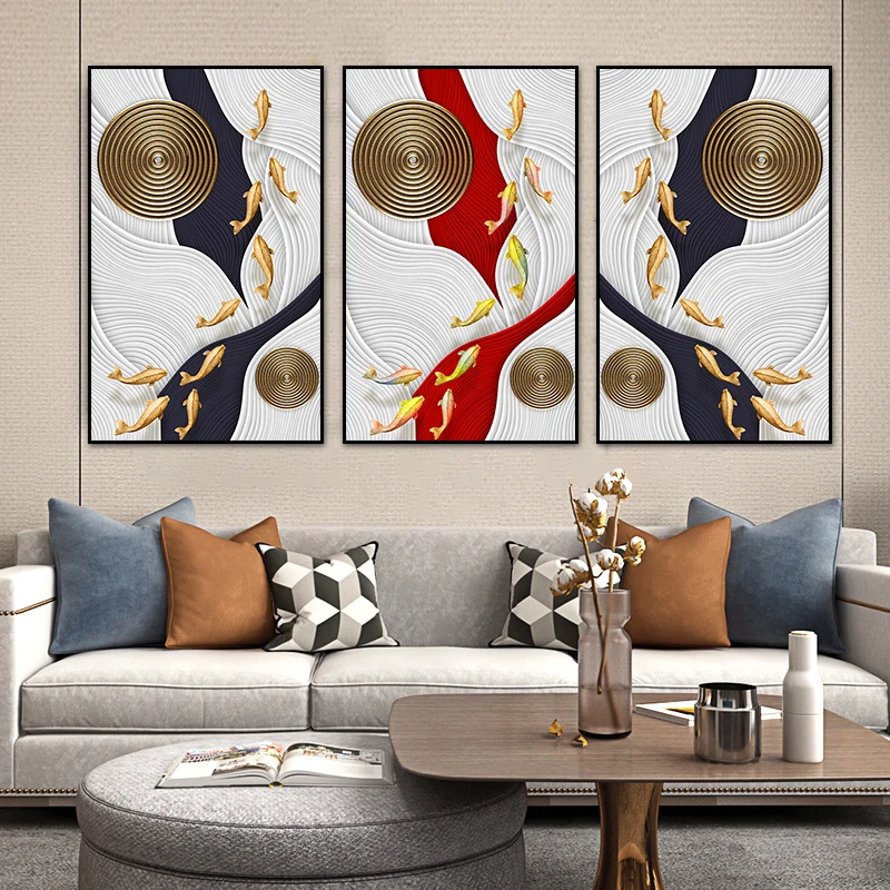 

Творческий абстрактный Золотой карп, Геометрическая линия, пейзаж, живопись, Постер, холст, живопись, искусство, настенная живопись, комната, украшение для дома