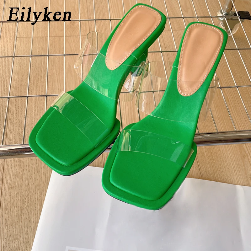 

Eilyke/Новинка; Модные прозрачные женские шлепанцы из ПВХ с квадратным носком; Дизайнерские женские сандалии-шлепанцы на высоком каблуке с кру...