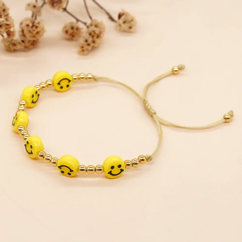 

Summer Beach Jewelry Gold Plated Beaded Smiley Bracelets for Women Teen Girl Adjustable Rope Chain Friendship Bracelet Jewellery